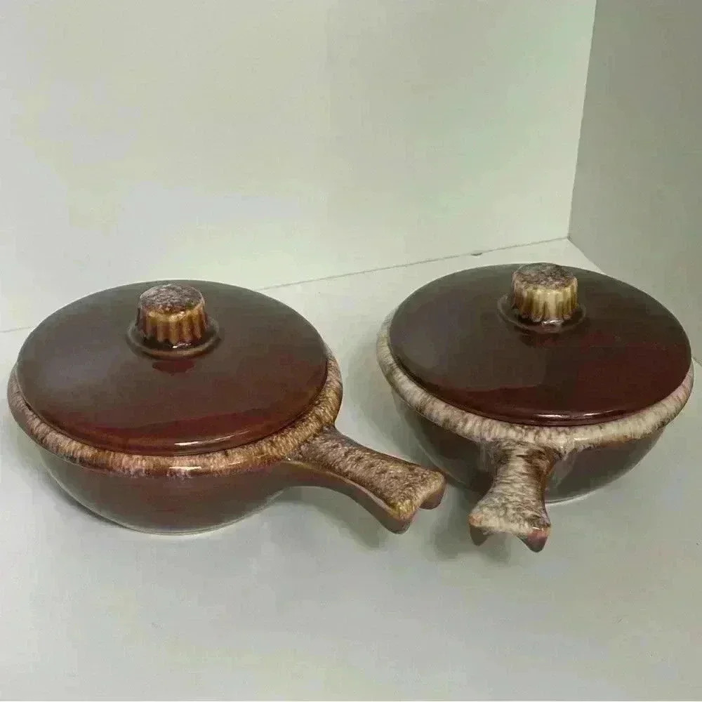 Set of two vintage Hull Pottery brown drip glaze French onion soup bowls